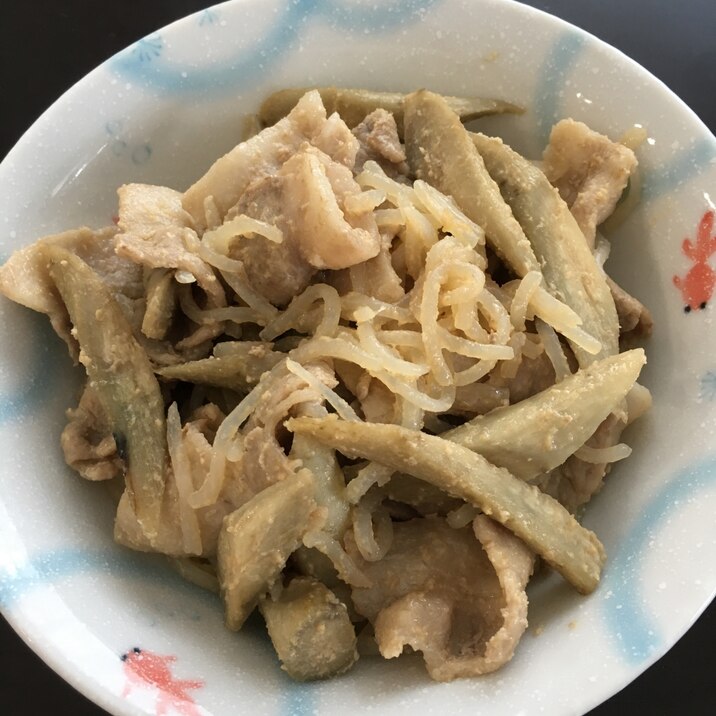 ゴボウとこんにゃくの豚肉味噌炒め